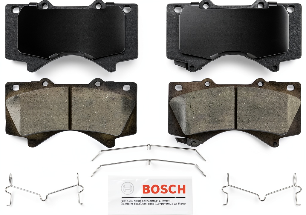 Installing Bosch QuietCast ceramic brake pads on a garage workbench