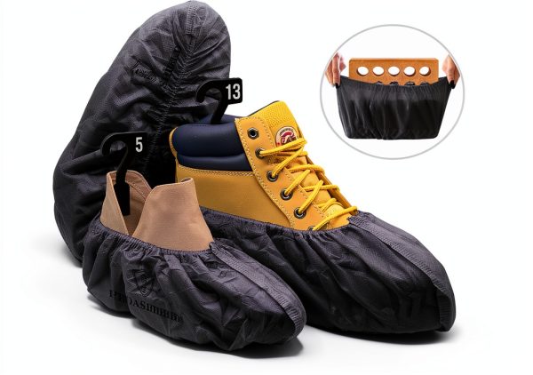 110 Premium Thick Extra Large Disposable Boot & Shoe Covers XL, Non Slip Black Booties, Water Resistant Foot Protectors, Construction Durable 42GSM for Indoors Outdoors, US Men 13, Women 15-6